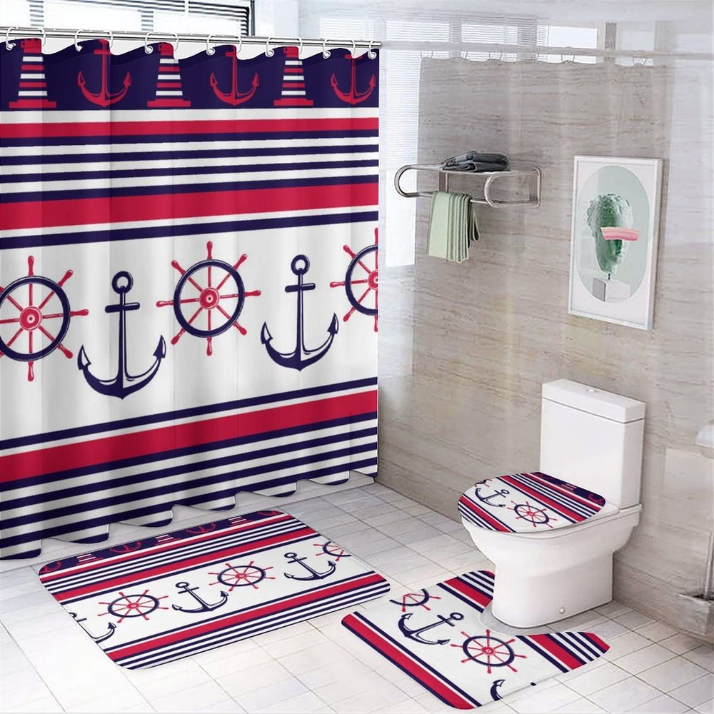 Kazynee Nautical Anchor 4 Piece Shower Curtain Sets, Non-Slip Rugs, Toilet Lid Cover and Bath Mat, Durable and Waterproof, for Bathroom Decor Set One Size