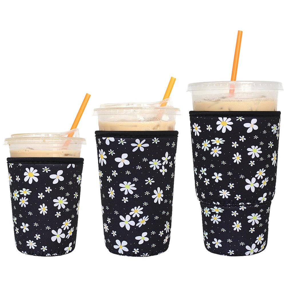 3 Pack Reusable Iced Coffee Sleeves - Xumbtvs Insulator Sleeve for Cold Beverages, Neoprene Coffee Cup Holder (Daisy)