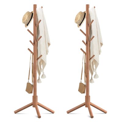 Haddockway Wooden Coat Rack Stand with 8 Hooks New Zealand Pine 3 Adjustable Coat Standing Tree Easy Assembly for Coats, Hats, Scarves and Handbags for Entryway, Hallway, Bedroom, Office,2 PCS