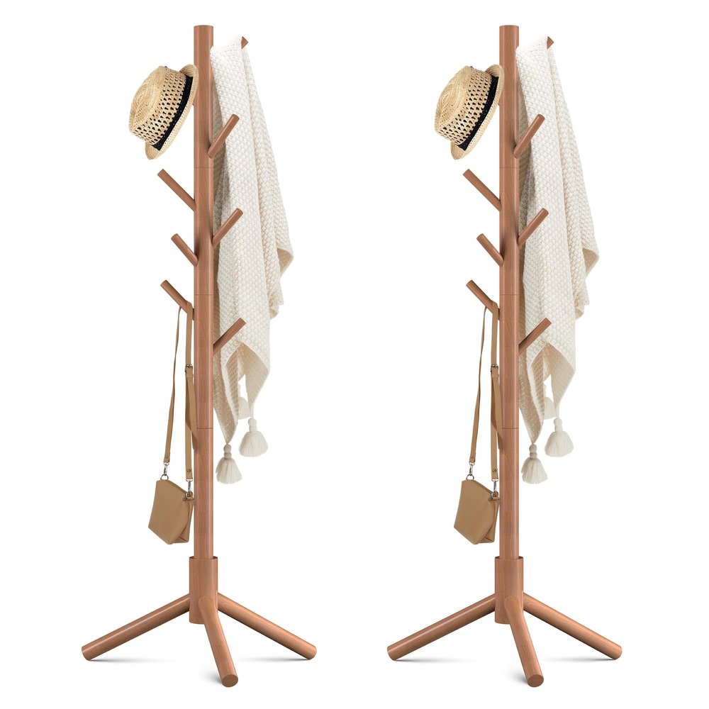 Haddockway Wooden Coat Rack Stand with 8 Hooks New Zealand Pine 3 Adjustable Coat Standing Tree Easy Assembly for Coats, Hats, Scarves and Handbags for Entryway, Hallway, Bedroom, Office,2 PCS