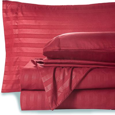 British-Linen Sheets and Pillowcases 100% Organic Cotton, Bed Sheets 6 Piece Set, Luxury and Buttery Soft 30" Deep Pocket Fitted Sheet, Best Comfort Sheets - Burgundy Stripe, Twin-XXL Size