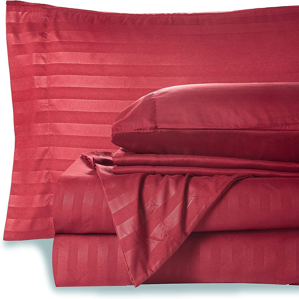 British-Linen Sheets and Pillowcases 100% Organic Cotton, Bed Sheets 6 Piece Set, Luxury and Buttery Soft 30" Deep Pocket Fitted Sheet, Best Comfort Sheets - Burgundy Stripe, Twin-XXL Size
