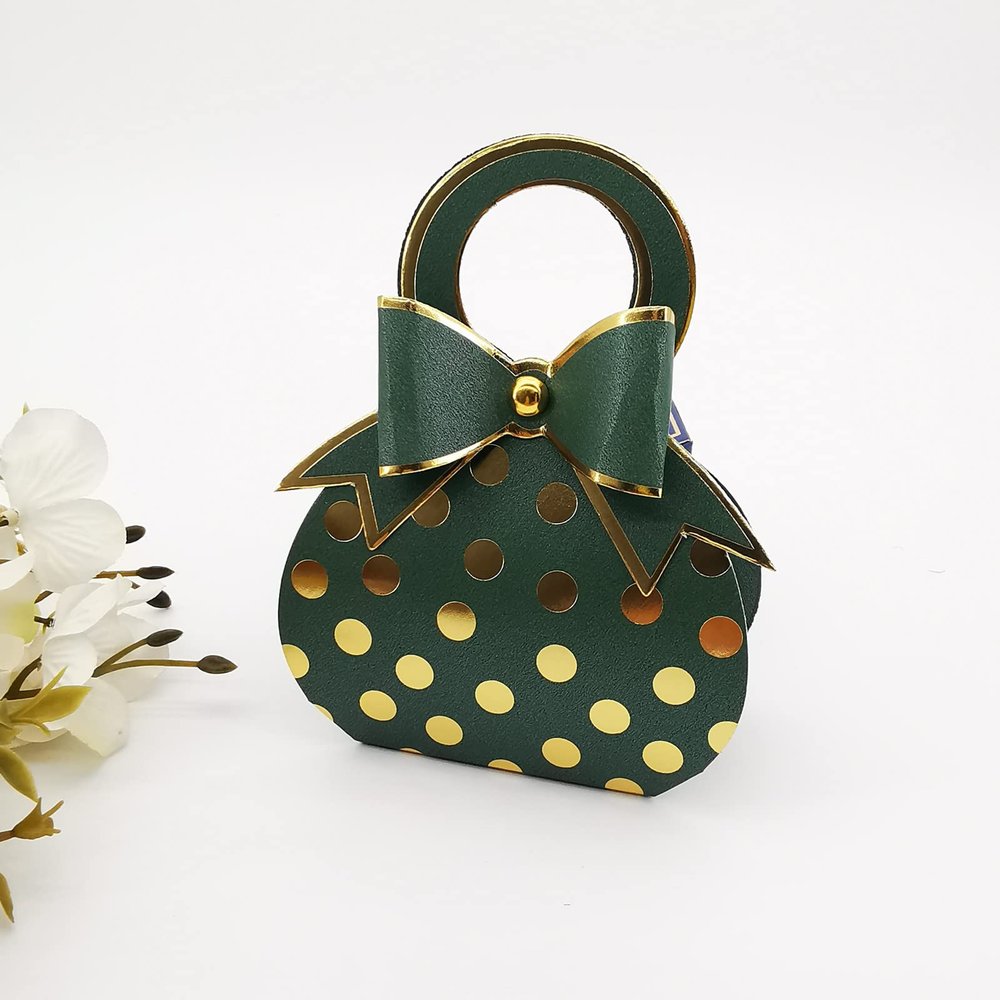 50pcs Green and Gold Bowknot Handbag with Gold Foil Dot Wedding Favor boxes Candy Box with Bow with handle for Wedding Birthday Favor Bridal Shower Baby Shower Party Favor