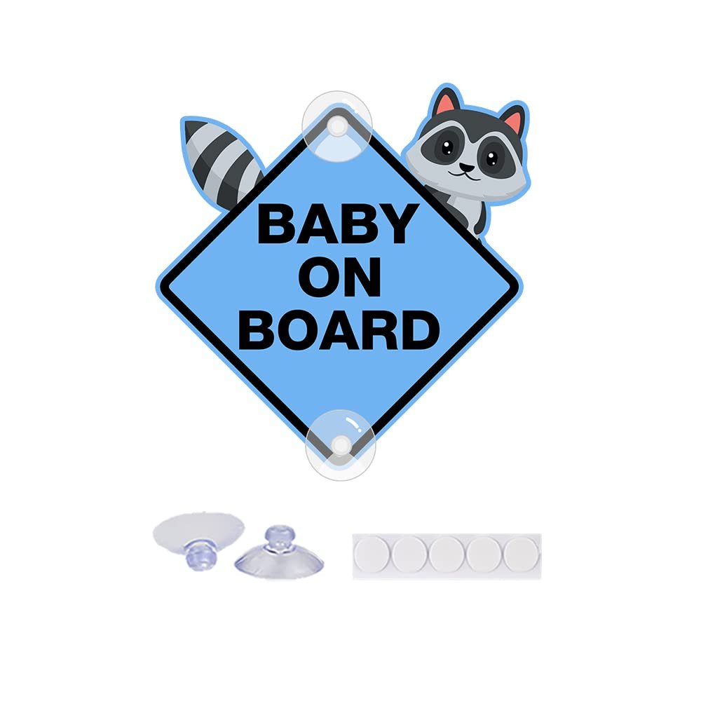 Leniutor Baby On Board Sticker for Cars, 6.53" Cute Raccoon PVC Car Suction Cup Kids On Board Safety Warning Sign for Car Rear Side Window (Suction Cup Blue, 1)