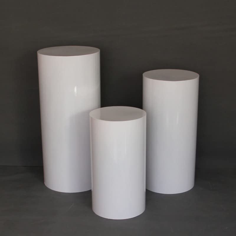 Hebomorym 3 Pcs Cylinder Display Stand, Metal Cylinder Pedestal Stands for Party Wedding Birthday Decoration, Round Cylinder White Plinths Pillars Risers Set, Stackable Storage, Strong Stability