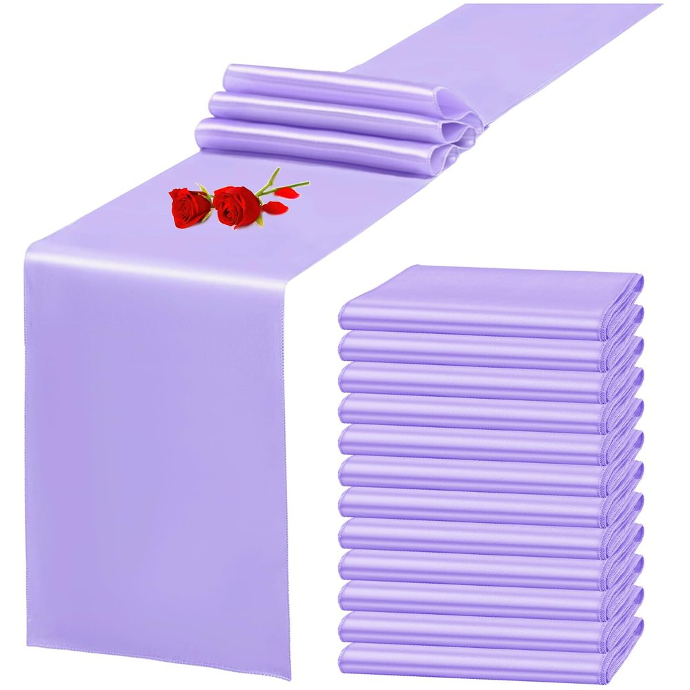 12 Pack Lavender Satin Table Runner 12 x 108 Inch Long Premium Table Runners for Wedding Party Events Decoration,Birthday Parties,Banquets Decorations,Graduations,Engagements