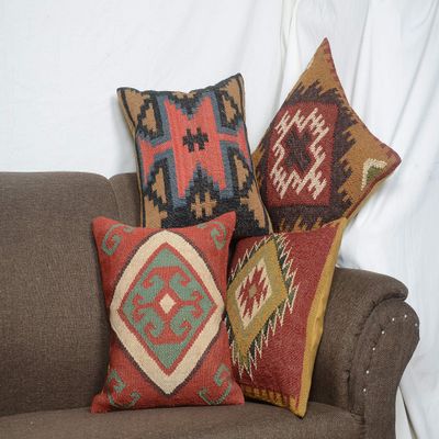 Arise Export Boho Throw Pillow Covers Set of 4 - Rug Cushioncase Handcrafted Kilim Pillow Cover Wool and Jute Woven Cushion Cover Ethnic Home Decor Couch, Sofa or Bed (Pattern 3, 18" x 18")