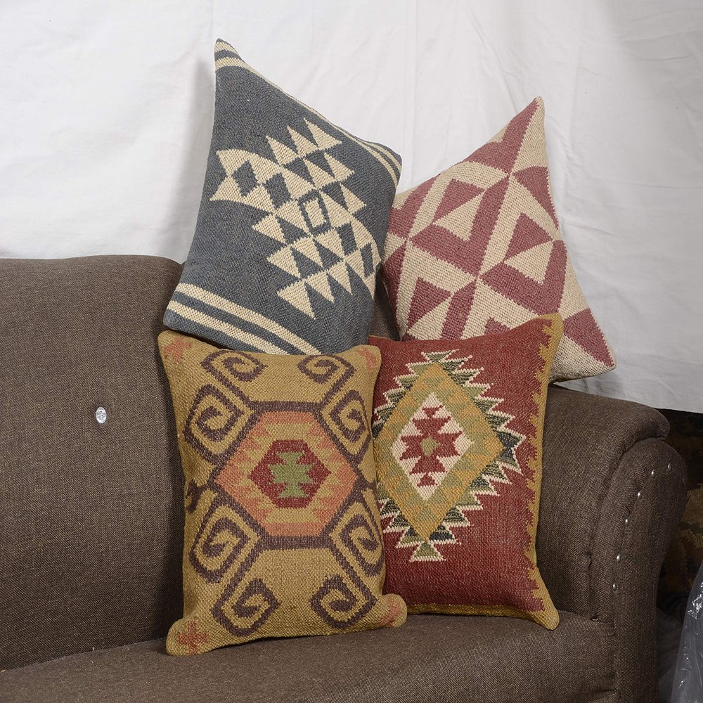 Arise Export Boho Throw Pillow Covers Set of 4 - Rug Cushioncase Handcrafted Kilim Pillow Cover Wool and Jute Woven Cushion Cover Ethnic Home Decor Couch, Sofa or Bed (Pattern 2, 18" x 18")