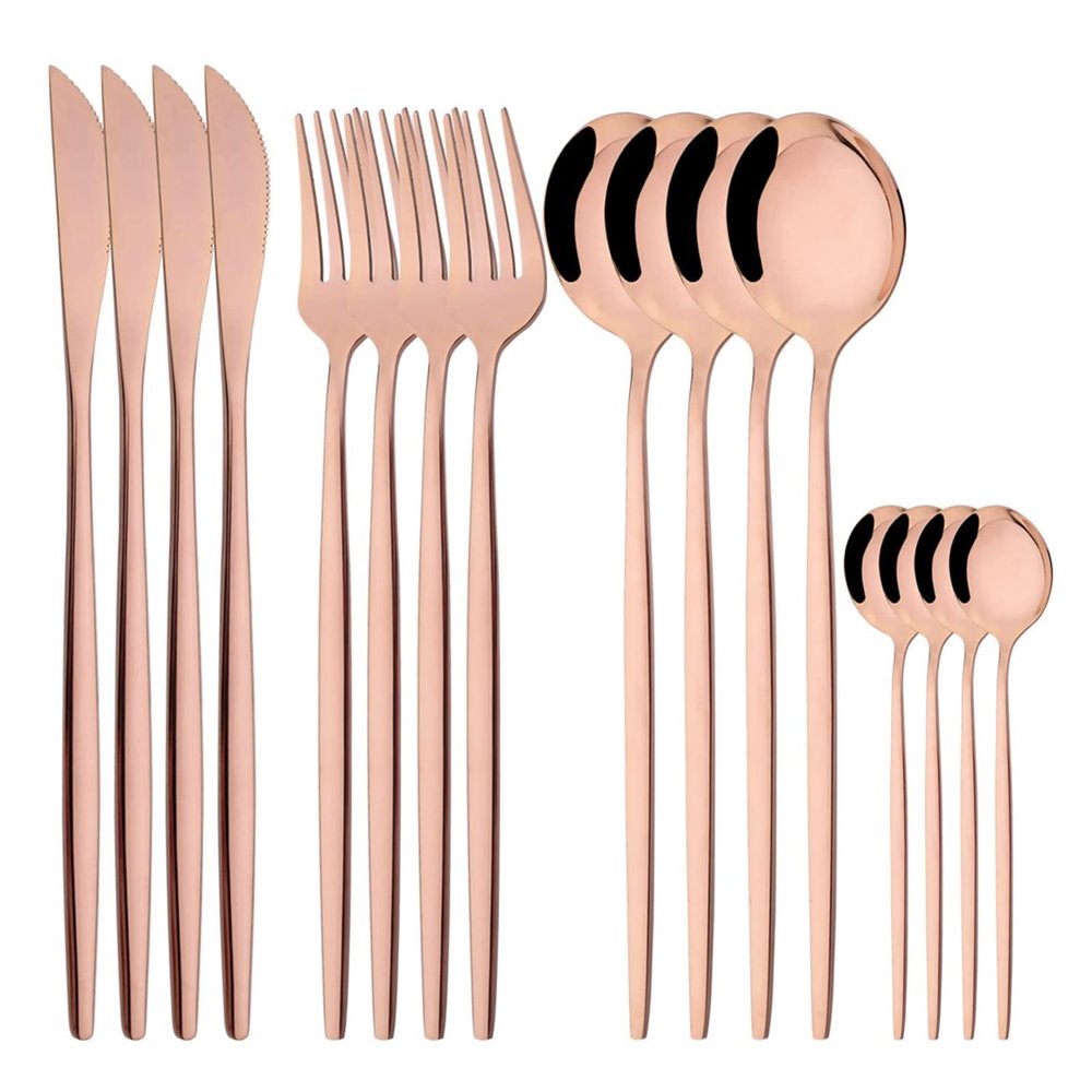 NEPIAN Black 16pcs Dinnerware Forks Spoons Cutlery Set 304 Stainless Steel Silverware Western Tableware Set Wedding Gift leisurely (Color : Rose-01)