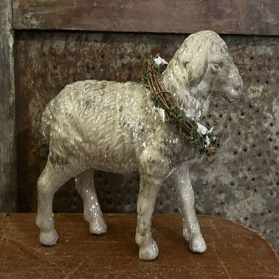 Primitives Supplies for Primitive Colonial Christmas 6" Long Putz Style Sheep with Snowy Wreath New for Holiday, Kitchen, Farhouse, Home Decor.