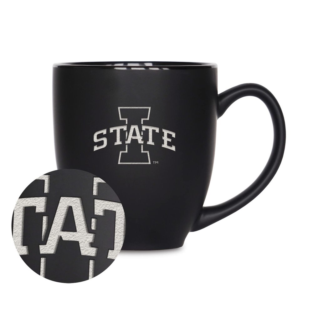 Rico Industries NCAA Iowa State Cyclones Main 15oz Laser Engraved Matte Black Ceramic Bistro Mug - For Hot or Cold Drinks
