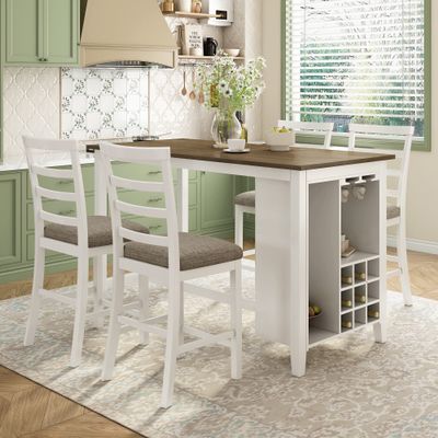 5-Piece Counter Height Dining Table Set, Wood Dining Room Table Set with 4 Padded Chairs, Compact Bar Pub Table Set with Wine Storage Shelf, Dining Table Set for 4 (Brown+Whitewash + Solid Wood-016)