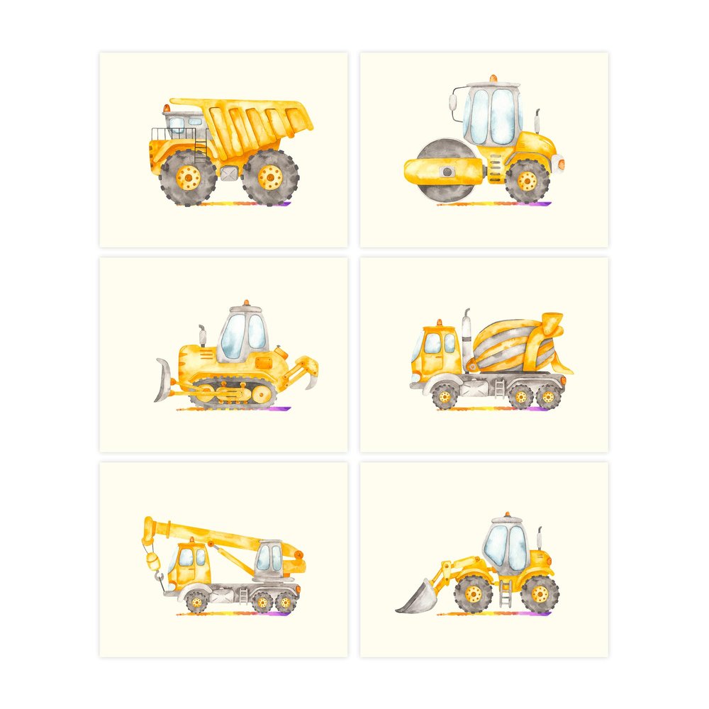 Construction Car Posters for Kids Bedroom/Set of 6 Boys Room Wall Decor, Construction Decor for Boys Room/Car Art, Toddler Boy Room Decor/Cute Vehicle Paintings Nursery Artwork (8 x 10, Inches)