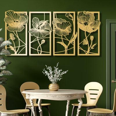 Framed Metal Wall Art, 4 Piece Large Wall Decor, Flowers Gold Wall Art, Living Room Wall Art, Wall Hangings, Modern Home Decor Artwork (76" x 35" | 192 x 90 cm, gold)