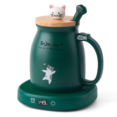 Bsigo Cute Cat Mug Set & Electric Smart Mug Warmer for Home & Office, Beverage Tea & Coffee Cup Warmer with 3-Temp Settings, 8H Auto Shut Off, Green