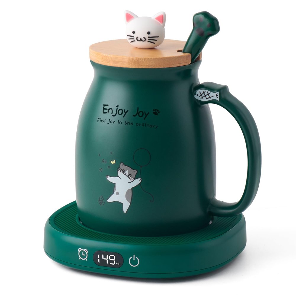 Bsigo Cute Cat Mug Set & Electric Smart Mug Warmer for Home & Office, Beverage Tea & Coffee Cup Warmer with 3-Temp Settings, 8H Auto Shut Off, Green