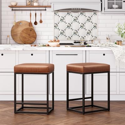 ALPHA HOME 24 Inch Counter Height Bar Stools Set of 2, Upholstered Bar Stools for Kitchen Island, Counter Stools with Faux Leather Cushion and Sturdy Metal Frame, Modern Barstools, Caramel