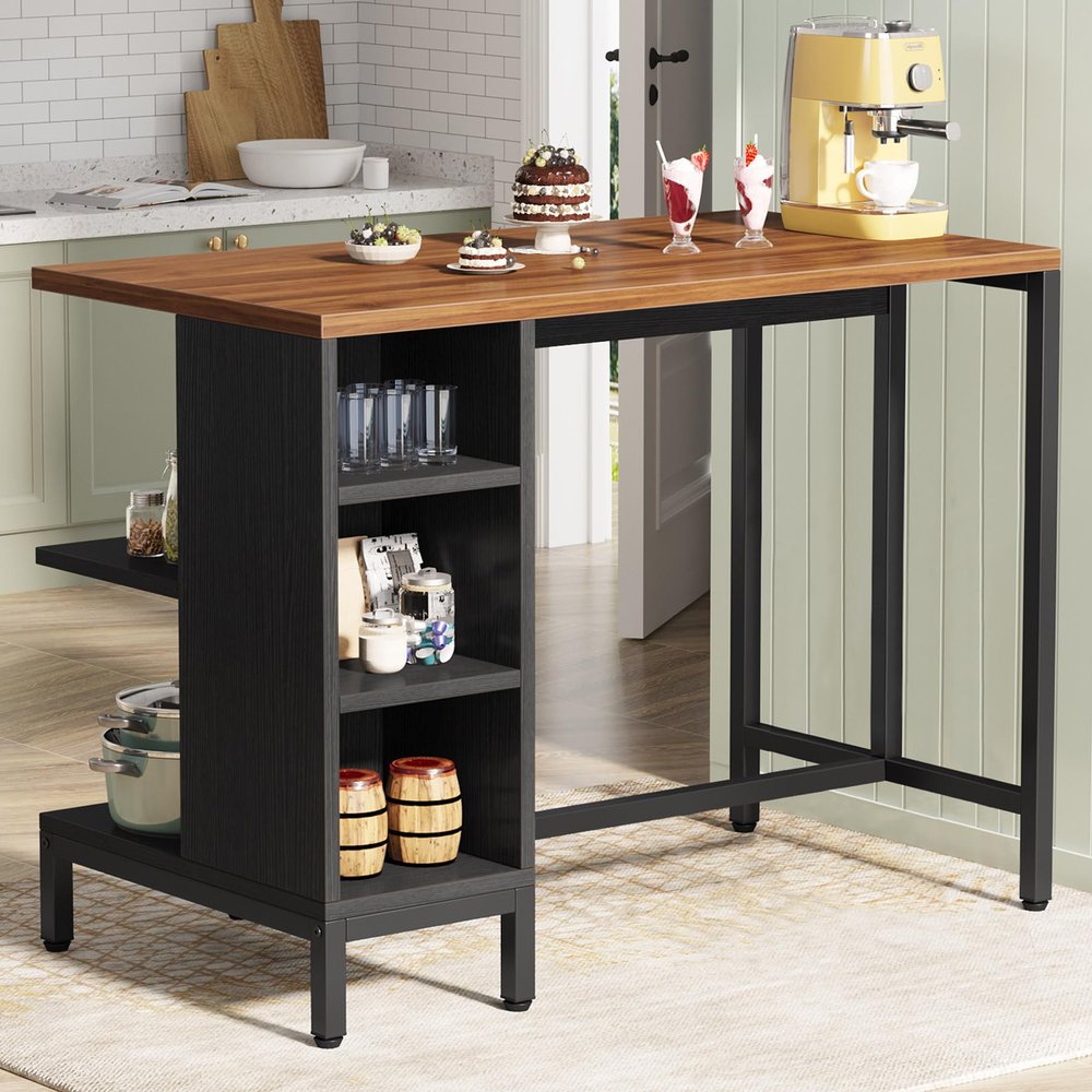Tribesigns Kitchen Island, Kitchen Shelf Bar Table with 5 Open Storage Shelves and Large Worktop, Industrial Butcher Block Island (Stools Not Included)