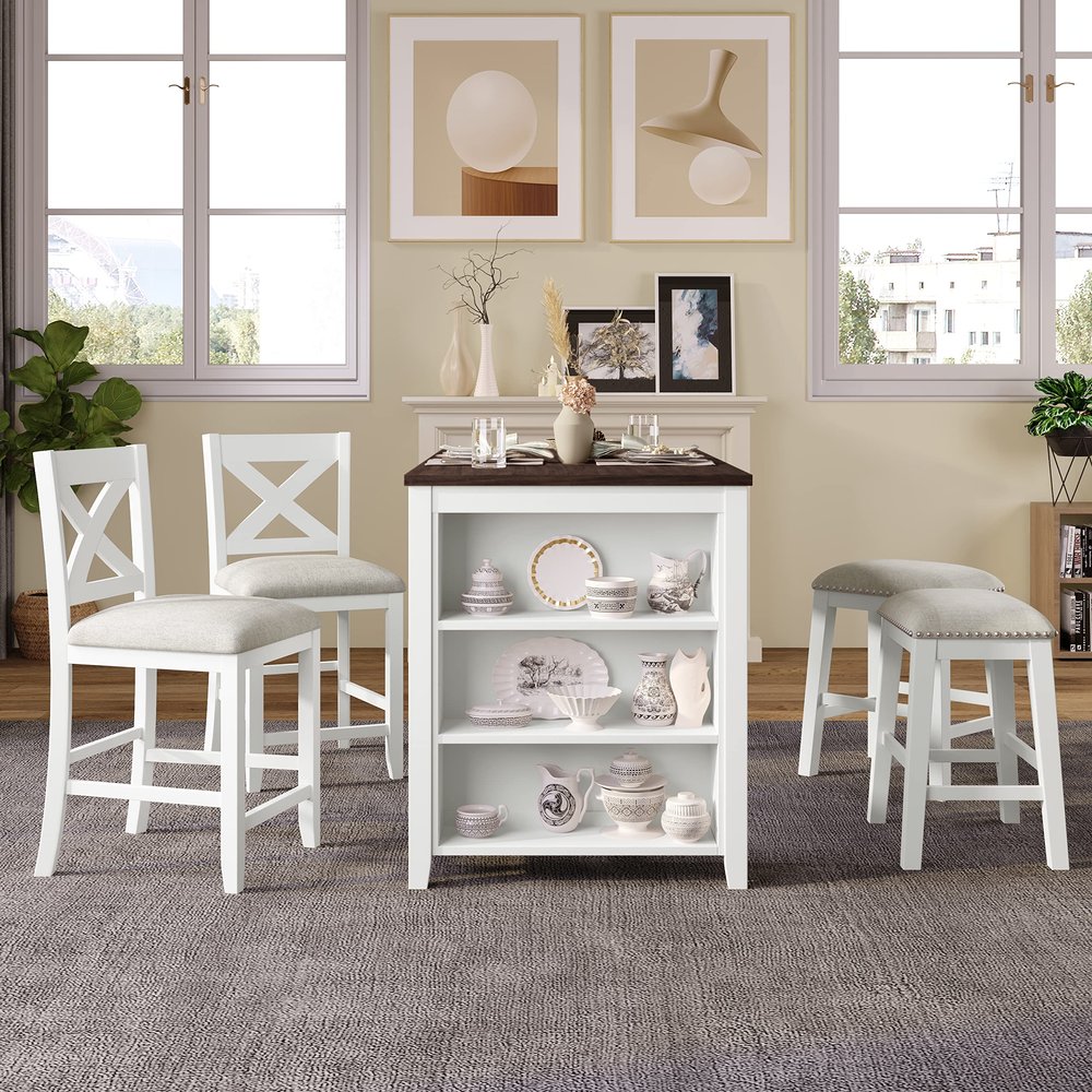 RUNNA Farmhouse 5 Pieces Counter Height Dining Table Set with 2 Stools and 2 Chairs,Wooden Bar Table Set with 3-Tier Shelves,for Small Places Kitchen Dining Room (White#b)