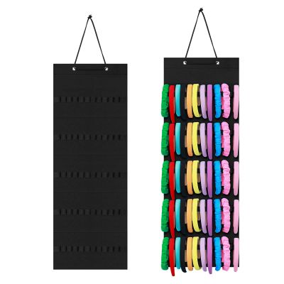 Tudomro Hanging Headband Holder for Girls Felt Hair Accessories Organizer with 60 Elastic Bands Bow Hanger for Girls Hair Bows Without Headbands(Plain Style,Black)