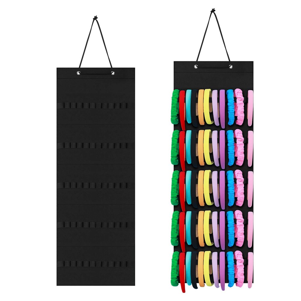 Tudomro Hanging Headband Holder for Girls Felt Hair Accessories Organizer with 60 Elastic Bands Bow Hanger for Girls Hair Bows Without Headbands(Plain Style,Black)