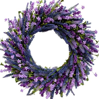Egolot 24 Inch Purple Lavender Flower Wreath for Front Door, Spring Summer Forsythia Lavender Flowers Wreath for Indoor and Outdoor Decor, Rustic and Farmhouse Purple for Home