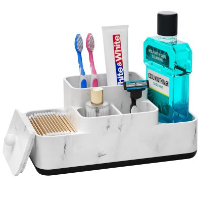 VITVITI Bathroom Counter Organizer, Toothbrush Holder for Bathroom, Resin Bathroom Organizer Countertop Storage for Cotton Ball/Vanity/Toothpaste, White Marble Look