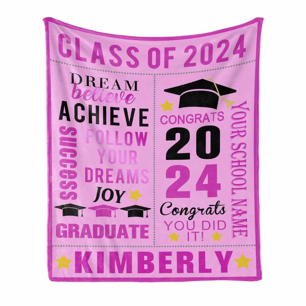 Personalized Class of 2024 Graduation Throw Blanket with Graduates Name & School Name - Celebrate Your Achievements in Style - Soft Throws 50"x60" Pink