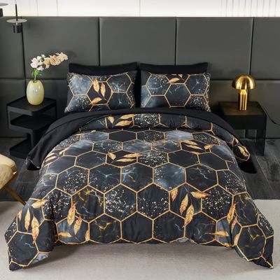 ANGIYUIN Black King Size Comforter Set Geometric Comforter 7Pcs Foil Print Bed in A Bag Marble Bedding Comforter Sets 3D Honeycomb Hexagon Decor Gold Trim Bed Set for Women Men (Black King)