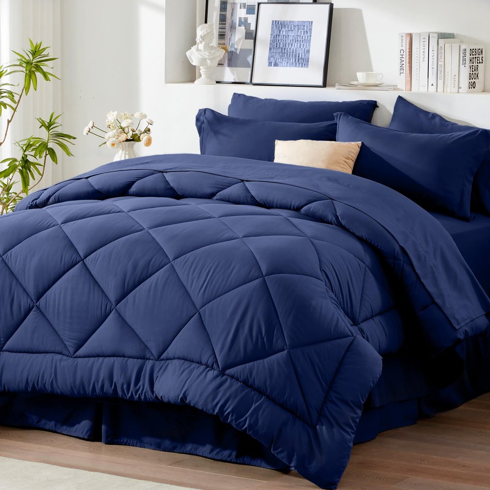 Newspin Full Comforter Set Blue - Bed in a Bag Full Size 8 Pieces, All Season Bed Set, Fluffy Comforter Set with Sheets, Sheet Set Quilt Blanket, Pillowcases & Shams & Bed Skirt