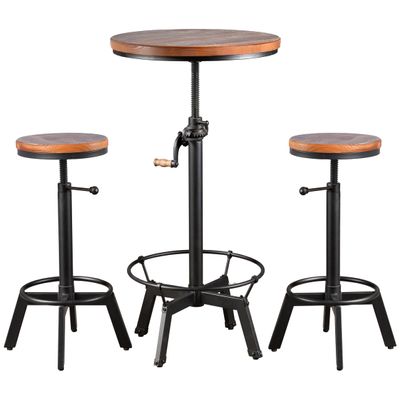 3-Piece Crank Handle Table & Chair Sets for Pub Bar Party Bistro Cafe Cocktail, Weld Metal Legs Round Wood Top, Rustic Brown Industrial Black Adjustable Swivel (133.5"-39.4" Table,224" Stool)