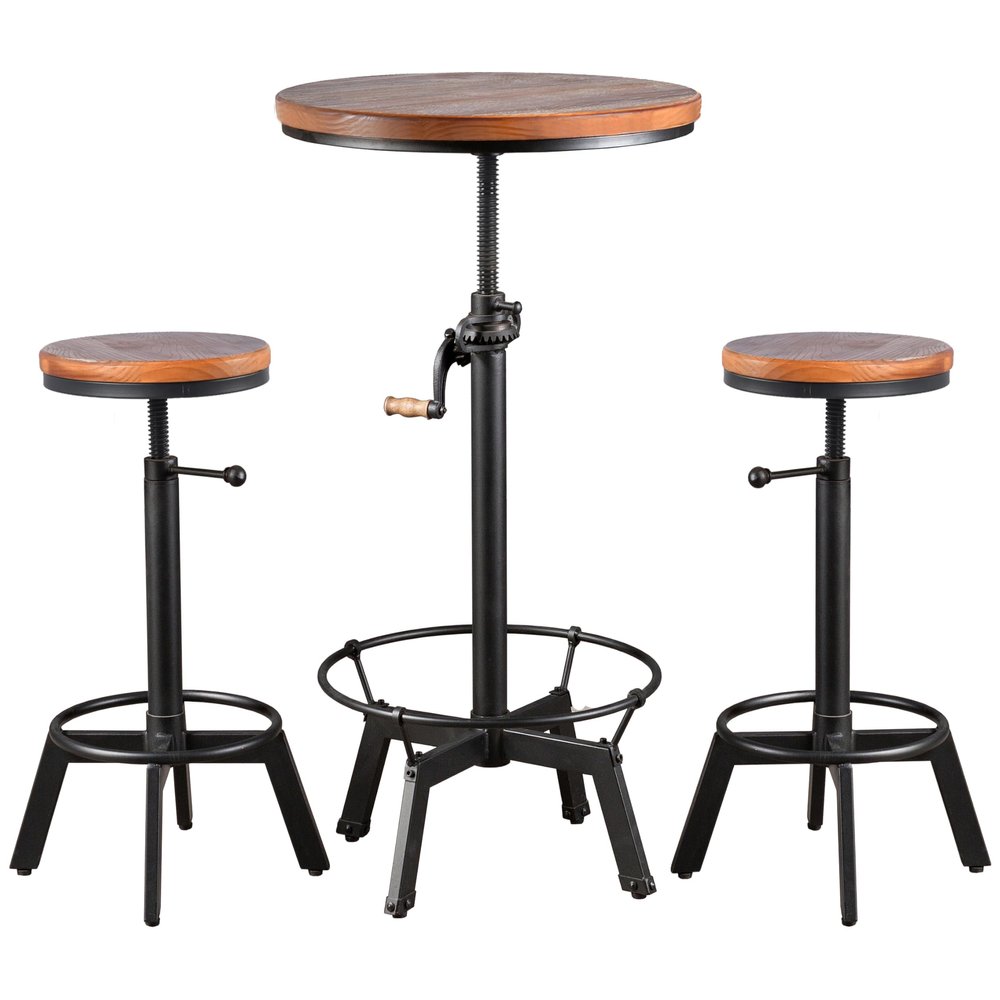 3-Piece Crank Handle Table & Chair Sets for Pub Bar Party Bistro Cafe Cocktail, Weld Metal Legs Round Wood Top, Rustic Brown Industrial Black Adjustable Swivel (133.5"-39.4" Table,224" Stool)