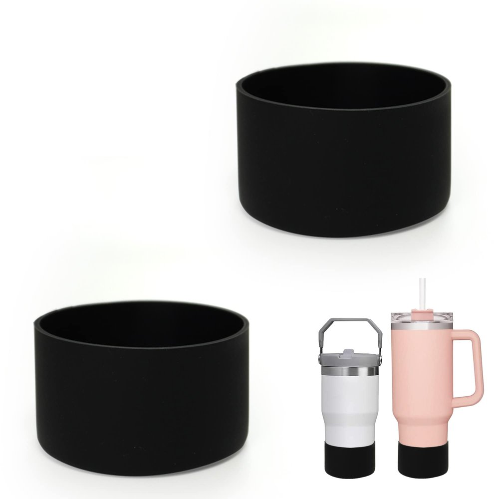 2Pcs Silicone Bumper Boot for Stanley Quencher Adventure 40oz Tumbler with Handle & Stanley IceFlow 20oz 30oz, Protective Water Bottle Bottom Sleeve Cover, Stanley Tumbler Accessories (Black)