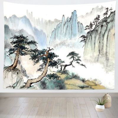 Loccor Asian Tapestry Traditional Chinese Painting Landscape Tapestry Wall Hanging Pine Trees Mountains Ink Painting Tapestry Wall Art 120" X 95" for Bedroom Living Room Dorm Home Decor