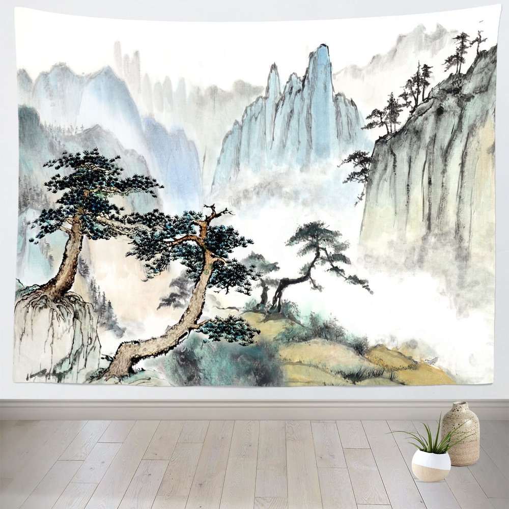 Loccor Asian Tapestry Traditional Chinese Painting Landscape Tapestry Wall Hanging Pine Trees Mountains Ink Painting Tapestry Wall Art 120" X 95" for Bedroom Living Room Dorm Home Decor