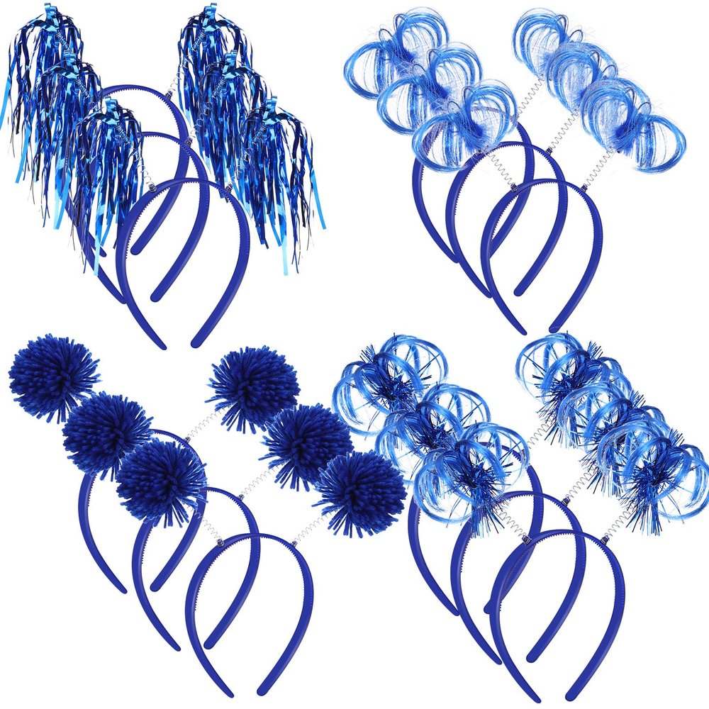 Censen 12 Pcs St. Patrick's Day Pom Pom Headbands Easter Spirit Party Headbands Tinsel Ponytail Headwear for Birthday Holiday(Blue)