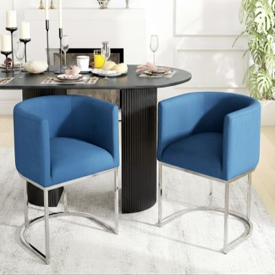 HNY Mid Century Modern Upholstered Barrel Dining Chairs with Arms Set of 2, Velvet Kitchen & Dining Room Chairs, 18.5" Wide Accent Chairs for Dining Room Living Room with Chrome Metal Frame, Blue