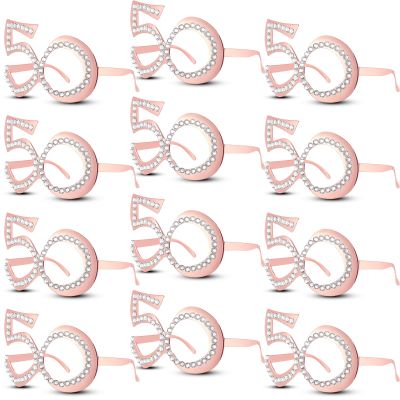 12 Pieces 50th Birthday Glasses, 50th Birthday Party Glasses, Funny Plastic Eyewear 50th Birthday Decorations for Women's Birthday Party Celebration Decor Favors(Rose Gold)