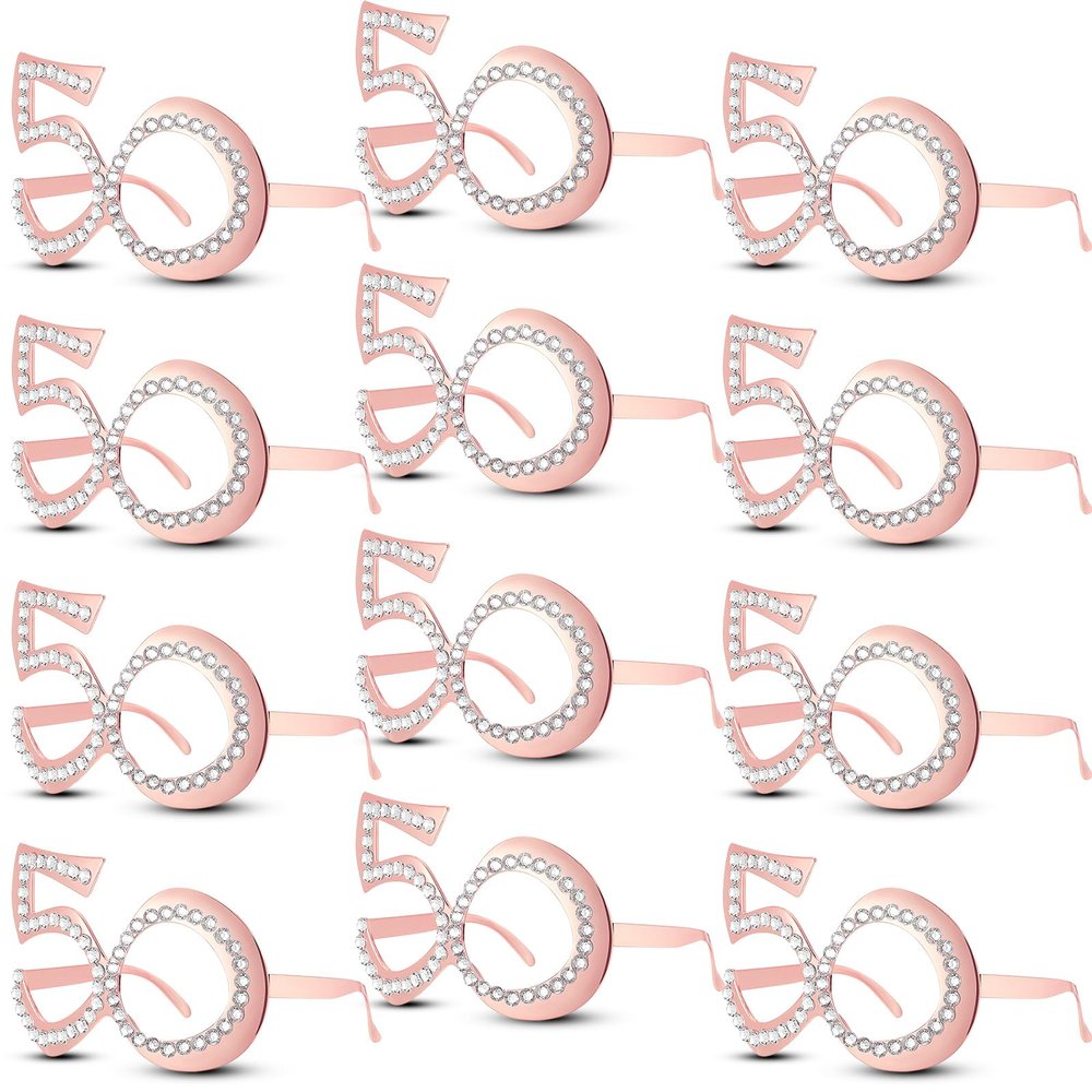 12 Pieces 50th Birthday Glasses, 50th Birthday Party Glasses, Funny Plastic Eyewear 50th Birthday Decorations for Women's Birthday Party Celebration Decor Favors(Rose Gold)