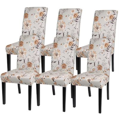 SearchI Printed Dining Room Chair Covers Set of 6, Stretch Kitchen Chair Covers Washable Parsons Chair Slipcover Removable Dining Chair Protectors for Hotel,Ceremony(Brown Floral)