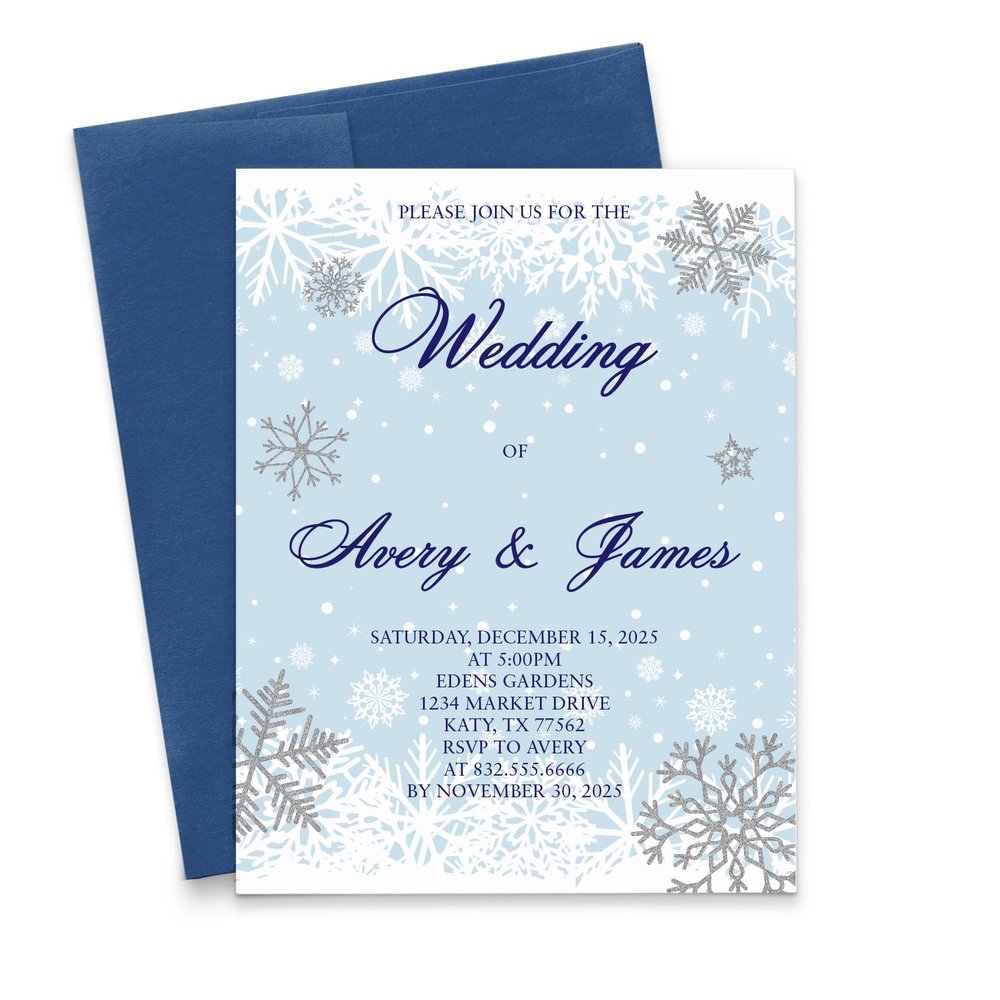 Modern Pink Paper Personalized Winter Wedding Invitations, Winter Wonderland Wedding Invitation, Snowflake Invites, Your choice of Quantity and Envelope Color