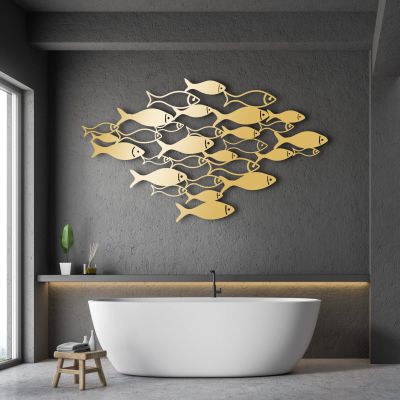 Gamino Metal Wall Art, School of Fish Wall Decor, Metal Fish Wall Art, Bathroom Wall Decor, Coastal Wall Art, Nautical Wall Decor, Home Decor (28" x 16" | 70 x 41 cm, gold)
