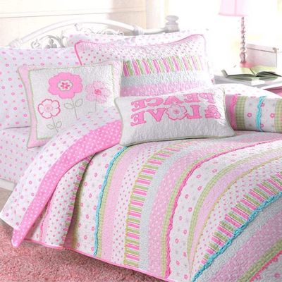 Cozy Line Home Fashions Pink Ruffle Flowers Polka Dot Girl 100% Cotton Reversible Quilt Bedding Set, Coverlet, Bedspread for All Seasons (Queen - 6 Piece)