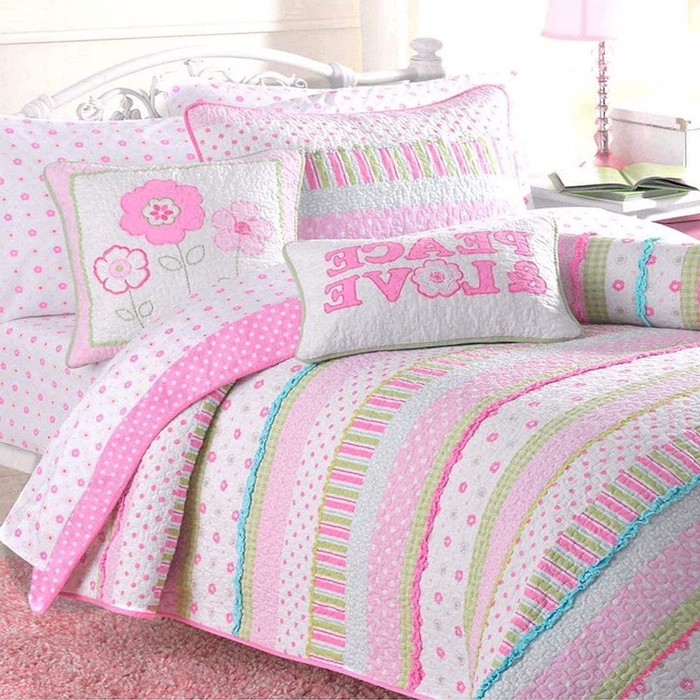 Cozy Line Home Fashions Pink Ruffle Flowers Polka Dot Girl 100% Cotton Reversible Quilt Bedding Set, Coverlet, Bedspread for All Seasons (Queen - 6 Piece)