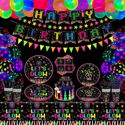 231 PCS Glow Neon Party Supplies Glow in The Dark Party Decorations BlackLight Party Tableware Set - Plates, Banner, Fluorescent Balloons, Neon Glow Tablecloths, Stars Garland, Cups, Napkins Serves 20