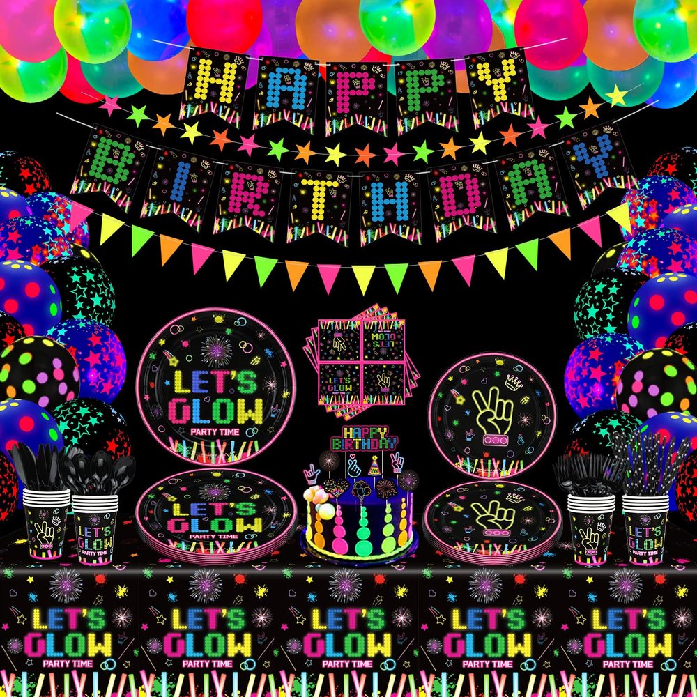 231 PCS Glow Neon Party Supplies Glow in The Dark Party Decorations BlackLight Party Tableware Set - Plates, Banner, Fluorescent Balloons, Neon Glow Tablecloths, Stars Garland, Cups, Napkins Serves 20