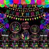 231 PCS Glow Neon Party Supplies Glow in The Dark Party Decorations BlackLight Party Tableware Set - Plates, Banner, Fluorescent Balloons, Neon Glow Tablecloths, Stars Garland, Cups, Napkins Serves 20 view 1