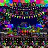 231 PCS Glow Neon Party Supplies Glow in The Dark Party Decorations BlackLight Party Tableware Set - Plates, Banner, Fluorescent Balloons, Neon Glow Tablecloths, Stars Garland, Cups, Napkins Serves 20 view 4