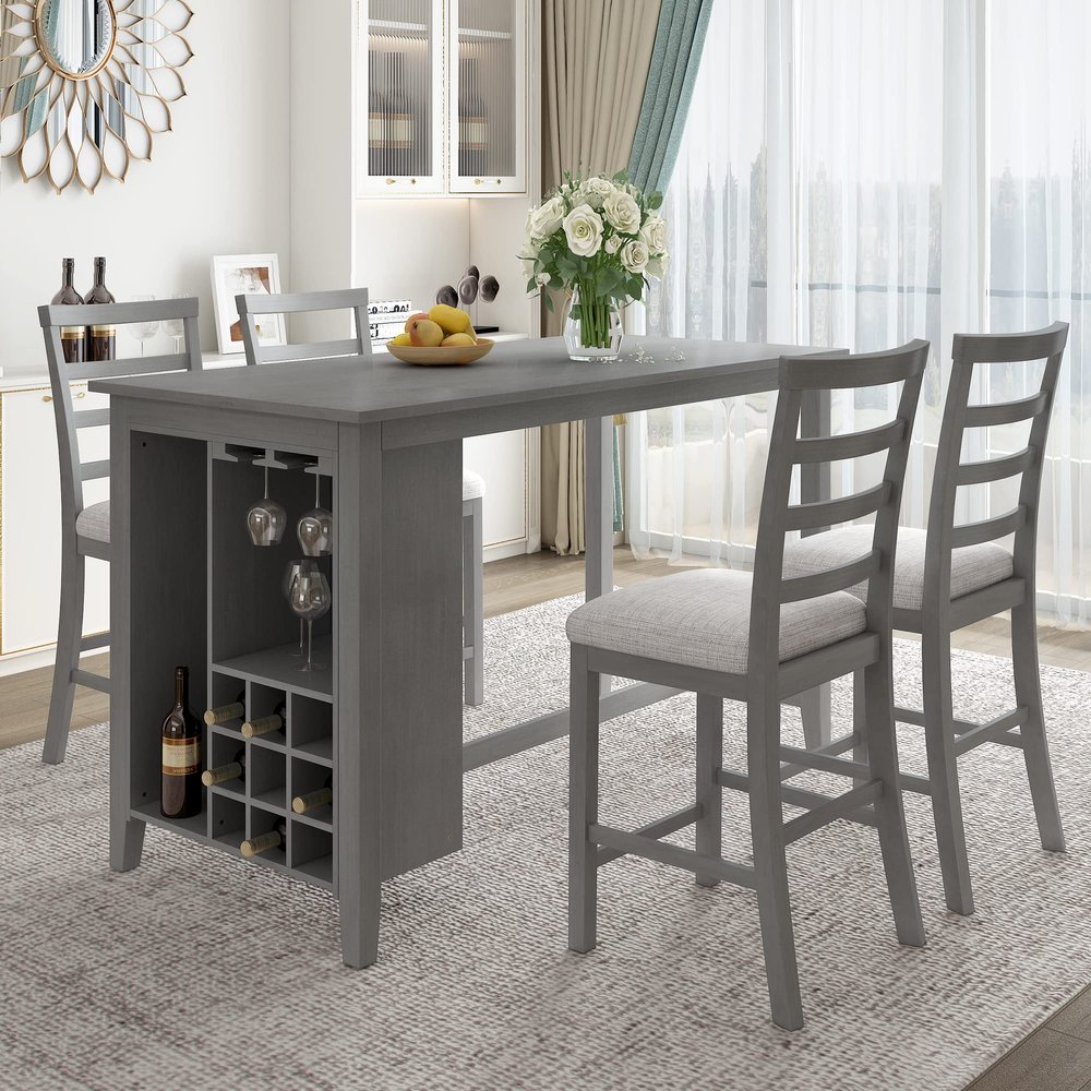Farmhouse Dining Room Table Set, 5 Pieces Counter Height Wooden Bar Table Set with Integrated 9 Bar Wine Compartment, Wineglass Holders and 4 Padded Chairs (Gray/Multi)
