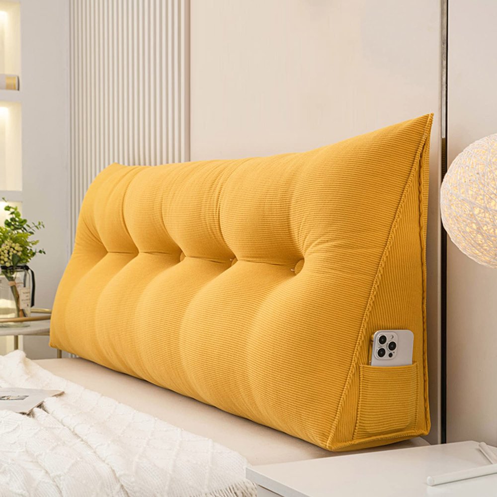 ZZYK Large Triangular Headboard Cushion Wedge Reading Bed Rest Pillow Triangle Headboard Backrest Fleece Positioning Support Bolster for Dorm Room Daybed,Yellow,59"/150cm(Queen)